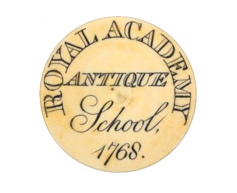 A 19th Century engraved ivory circular ticket, one side engraved ‘Royal Academy Antique School 1768’ the other ‘Edward Harrin