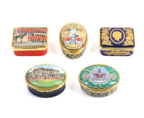Five enamel boxes by Halcyon Days comprising: The Imperial State Crown – The Tower of London, 5.2cm/Trooping The Colour, 4.8c