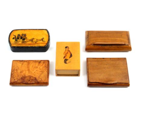 Four snuff boxes and another box comprising a papier machè rounded end rectangular example the lid with colour print ‘Stage C