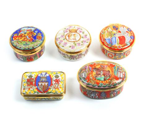 Five enamel boxes by Halcyon Days comprising 1958-2008 To celebrate the 50th anniversary of Prince Charles….The Prince of Wal