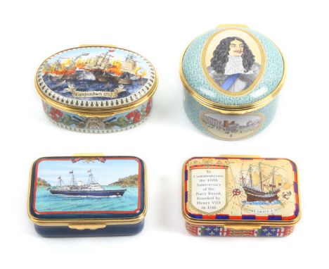 Four enamel boxes by Halcyon Days comprising Charles II, Restoration of the Monarchy, 62/200, 6cm dia./The Royal Yacht Britan