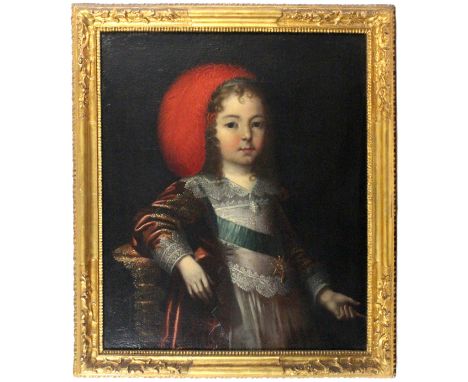 Circle of Beaubrun Portrait of Louis XIV as a child wearing a red cloak with the Order of Saint Esprit, a red feather in his 