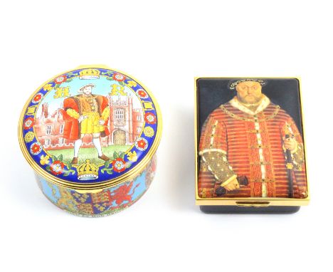Two enamel boxes by Halcyon Days comprising …Accession of Henry VIII, Greensleeves musical movement, 6/100, 8cm dia,/ …access