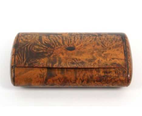 A large late 18th Century/early 19th Century finely figured burr maple snuff box of oval section, full wooden hinge, inset ov