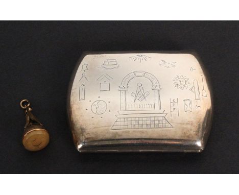 Of Masonic Interest – a silver cigarette case and a gold seal, the cigarette case hinged with a sprung closure engraved to bo