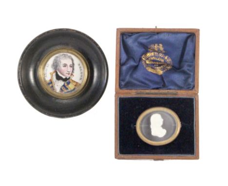 A 19th Century circular domed enamel plaque “Adm. Ld. Nelson”, in turned wooden frame, 8.2cm max dia, and a sulphide style ca