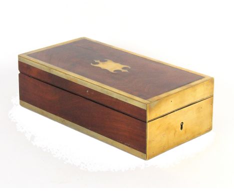 A Georgian mahogany and brass mounted gentleman’s travelling box, lid interior fitted with a damaged reversible mirror over a