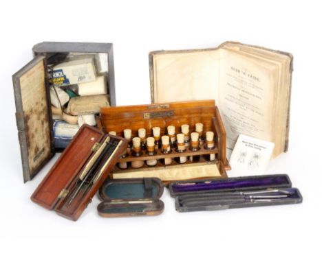 Medical related items comprising an Allergen Test set by Duncan Flockhart And Co in slant top walnut box, 25.5cm, a tin book 
