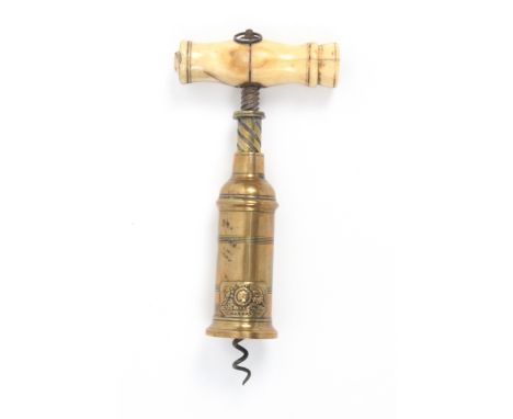 A 19th Century three section cylinder corkscrew, brass barrel with Royal Coat of Arms over ‘Patent’, bone handle, cracked and