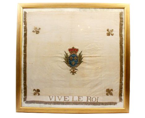 A French revolutionary gold thread and silk banner centered by a coat of arms with fleur de lis spandrels, along the bottom e