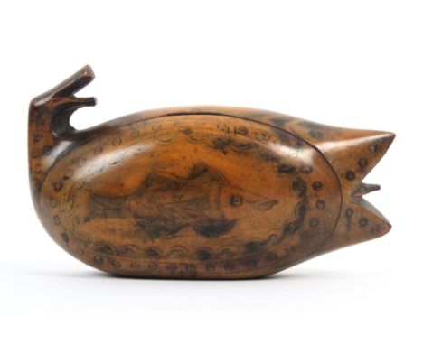 A 19th Century wooden snuff box in the form of a fish, probably Scandinavian, the fish with open mouth and tongue, and with p