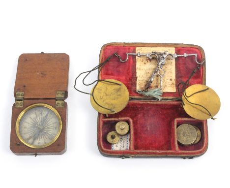 An 18th Century shagreen cased steel balance and a mahogany cased compass, the scale with elaborate steel beam, brass pans, f