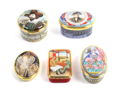 Enamel Boxes By Halcyon Days   Five enamel boxes by Halcyon Days comprising Hornpipe Musical Box, 250th anniversary of the bi