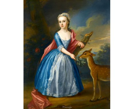 Thomas Gibson, London 1680 - 1751, Portrait of a Girl feeding a deer, Oil on Canvas, 27 x 103 cm