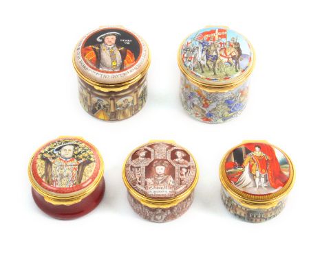 Five enamel boxes by Halcyon Days comprising: The First Crusade 900th Anniversary, 152/300, 4.7cm dia./Edward VII Crowned…154