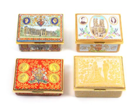 Four enamel boxes by Halcyon Days comprising The Royal Wedding…. 2005, 30/100, 8.2cm/80th birthday of Her Majesty Queen Eliza