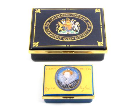 Two enamel boxes by Halcyon Days comprising A Tribute to Her Majesty The Queen on her Diamond Jubilee, 1952-2012, 6/60, 13.6c