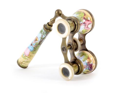 A set of late 19th century opera glasses, with mother of pearl eye rims, the grips in enamel painted with figures in landscap