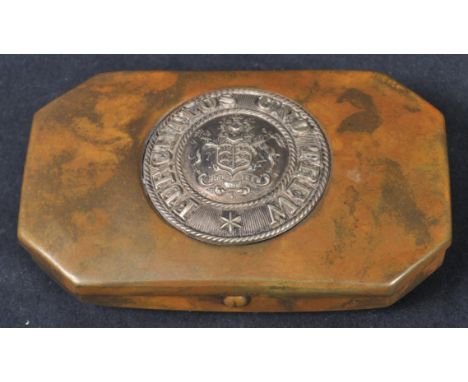 A WWI First World War interest Prussian / Imperial German Empire cigarette case / snuff box. The hinged brass box inlaid with