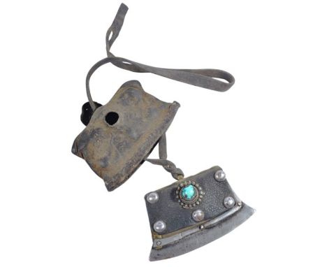 A 19th century Tibetan / East Asia Tinder Cutter's pouch / chuck muck. Iron cutter to base, with steel button work, and leath