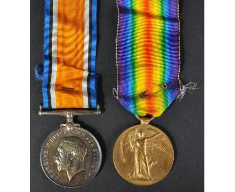 A WWI First World War medal pair awarded to one 22054 Private G. H. Bebbington of the Royal Warwickshire Regiment. Both with 