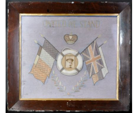 An original WWI First World War British Royal Navy sweetheart silk panel. The framed silk panel embroidered with the Allie fl