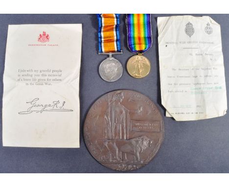 A WWI First World War medal pair and Memorial Plaque to one 33480 Private William John Dowsell of the Hampshire Regiment, bel