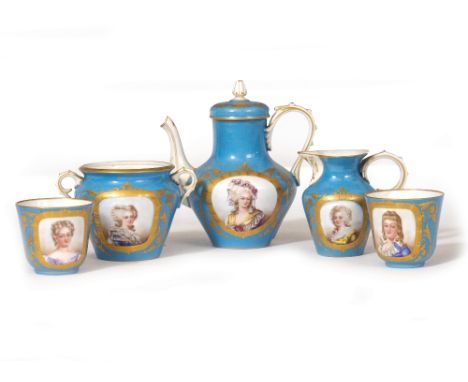 A LIMOGES PORCELAIN PART DUET TEASET each piece decorated with a painted portrait, set with teapot, sucrier, milk jug and two