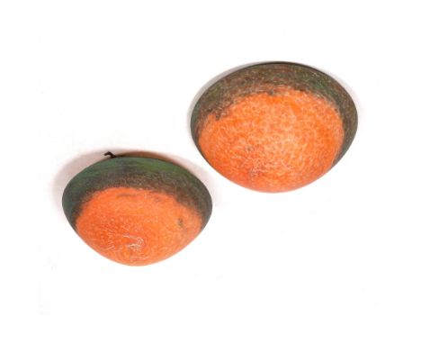A PAIR OF GLASS PLAFONNIER CEILING LIGHT FITTINGS with speckled decoration, 37cm diameter (2) 