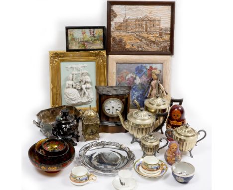 A MISCELLANEOUS LOT  to include a 19th century walnut and ebonised mantle clock, a brass clock, a silver plated teaset, decor