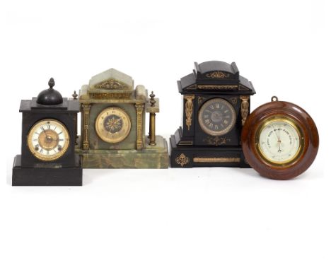A ONYX MANTLE CLOCK together with two further mantle clocks, an oak cased aneroid barometer retailed by Dixeys (4) 
