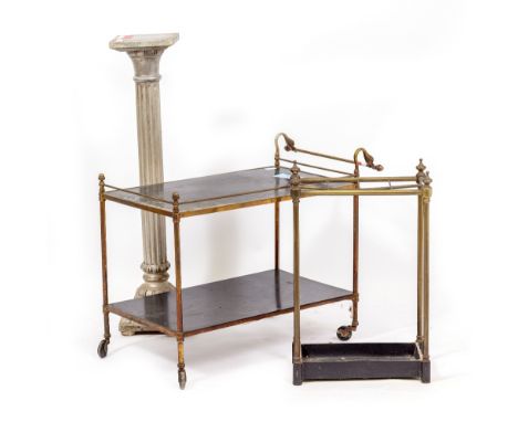 A VICTORIAN BRASS AND CAST IRON STICK STAND 40.5cm wide x 62.5cm high together with a two tier drinks trolley with swans head