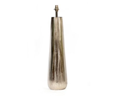 A SILVERED TABLE LAMP with faceted side and tall conical shade, the lamp 16cm diameter, the lamp and shade 148cm high overall