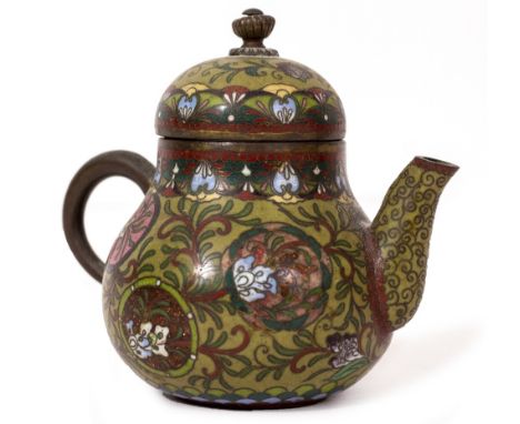 AN ANTIQUE ORIENTAL MINIATURE ENAMELLED CLOISONNE AND GILT METAL TEAPOT 9.5cm high   