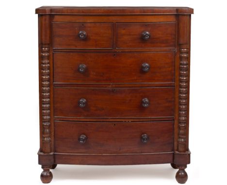 A VICTORIAN MAHOGANY BOW FRONTED CHEST OF TWO SHORT AND THREE LONG DRAWERS with bobbin turned pilasters and turned feet, 112c