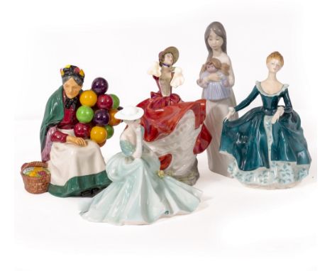 A GROUP OF ROYAL DOULTON FIGURINES to include, 'The Old Balloon Seller' (HN1315), 'Janine', 'Cheryl', a Lladro figurine and a