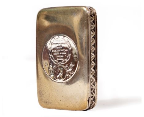 A CONTINENTAL WHITE METAL SNUFF BOX the lid set with a medallion, with gilt interior, 8cm wide