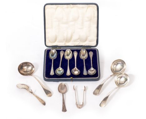 A GEORGIAN SILVER SAUCE LADLE two further silver sauce ladles, a set of six silver teaspoons, a silver jam spoon etc