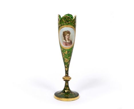 A LATE 19TH CENTURY BOHEMIAN GLASS VASE with a hand painted portrait of a gilt and having gilded foliate decoration, 27.5cm h