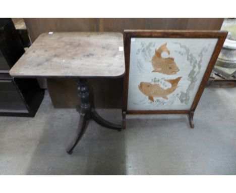 A George III mahogany rectangular tilt top tripod table and an oak firescreen 