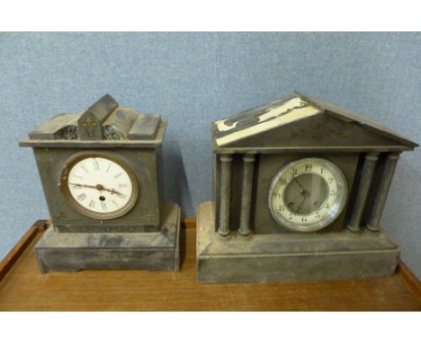 Two Belgian slate mantel clocks and clock movements, a/f 