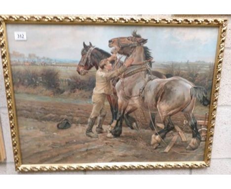 A gilt framed lithograph of boy with horses.