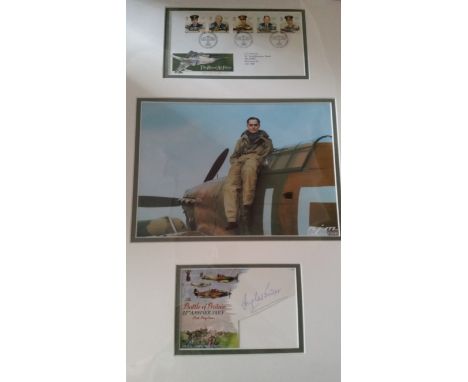 AVIATION, signed commemorative cover by Douglas Bader, overmounted beneath colour print showing Bader seated on plane, 15.25 