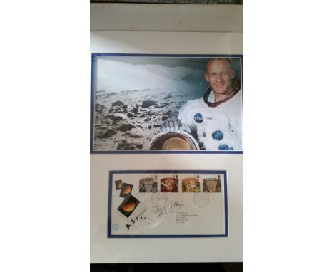 SPACE, signed commemorative cover by Buzz Aldrin, overmounted beneath colour print of portrait &amp; lunar surface, 15.25 x 1