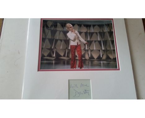 POP MUSIC, signed piece by Dusty Springfield (first name only), overmounted beneath colour photo, full-length performing, 15 