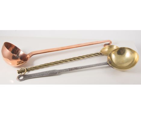 Victorian brass and steel ladle, 42cm, a collection of other brass and iron ladles, (quantity).