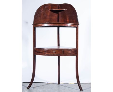 Victorian mahogany corner washstand, bow front, frieze drawer, splayed legs, width 58cm.