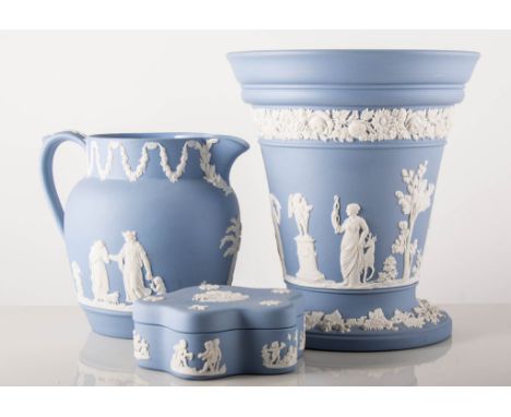 Approximately thirty-seven pieces of Wedgewood pale blue Jasperware, including lamp. vase, teaware, (1 box).