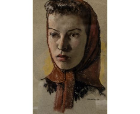 William Dring, Portrait of a lady in a headscarf, pastel drawing, signed and dated 1958, 31 x 20cms,CATALOGUE AMMENDMENT --- 