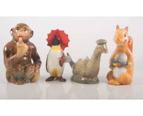 Beswick - Squirrel standing, 1944/63, 1007, Squirrel lying, 1944/63, 1008, Squirrel with nutcracker, 1944/63, 1009, Penguin c